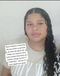 Pessoal ela mora na Vila Primavera, filha do Pastor Luciano compartilhe  para nos ajudar. Noemi Sabrina minha filha ela saiu ontem no período da  tarde até agora não chegou em casa pôr