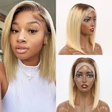 short bob ash blonde highlighted natural looking 13x4 straight lace front  wig hd transparent bob high density 30.48-35.56 cm human hair wigs for  women daily&party wig