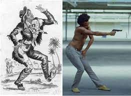 Childish gambino's this is america he plays a jim crow caricature that shows plenty of symbolism through subtle nuances and direct distractions by entertaining through dance and trap lyricism.pic.twitter.com/r6ki7t0mkd. Childish Gambino S Jim Crow Stance In This Is America Interestingasfuck