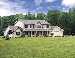 Classic Country Home On Land With Tall Trees In The Background Large Two Story Home With Two Car At Modular Home Builders Colonial Style Homes House Exterior