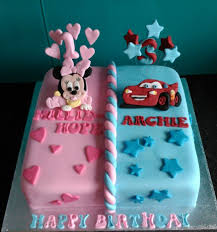 Combined Joint Birthday Cake For Brother And Sister Baby Minnie Mouse And Cars Half And Half Girls And Boys Cake Twin Birthday Cakes Birthday Cake Kids Baby Birthday Cakes