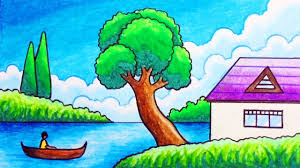 Gambar sketsa pemandangan alam, pantai, desa, gunung, air terjun yang mudah, simple, sederhana. How To Draw Easy Scenery Drawing Riverside House Scenery Step By Step With Oil Pastels Youtube