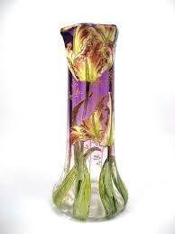 A Very Magnificent Circa 1890 Mont Joye Vase With Enameled Parrot Tulips A 699 Removed Vintage Art Glass Glass Art Antique Glass