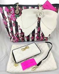 Black And White Striped Purse With Red Bow Betsey Johnson Bow Shoulder Bag 3pc Set Tote Wallet Pouch Floral Rose Striped Betsy Johnson Handbags Betsy Johnson Purses Betsy Johnson Bags