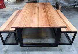 Recycled Tasmanian Oak Industrial Dining Table With Bench Seats Made By Recycledtimberfurnitu Timber Dining Table Industrial Dining Table Table With Bench Seat