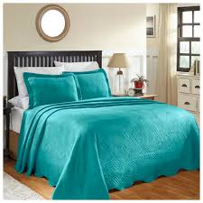 A bedspread drapes all the way to the floor for total coverage that fully encompasses a bed, giving it a formal look. Bedspreads Sears