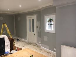 'cornforth white' on walls and 'ammonite' on the ceiling is a comforting mix, with darker grey for a fresh, scandinavian look, try 'ammonite' on walls with ceilings in the palest shade, 'wevet', and add. Bps Decor On Twitter Lounge Completed With Farrowandball Cornforth White Walls All White Ceiling And Woodwork Tv Unit Done With Purbeck Stone Https T Co A94q1kgjns