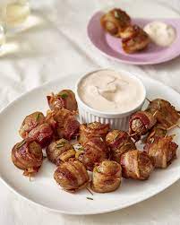 Party Recipe Bacon Wrapped Potato Bites With Spicy Sour Cream Dipping Sauce Recipe Potato Bites Sour Cream Dipping Sauce Bacon Wrapped Potatoes