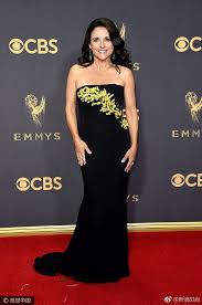 Julia Louis Dreyfus 69th Emmy Awards Red Carpet Dress 2018 Strapless Black Satin Mermaid Celebrity Gown Gold Sequins Ap Nice Dresses Fashion Red Carpet Fashion