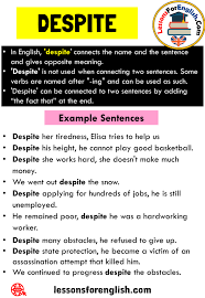 Uses Despite Definition And 9 Example Sentences In English Despite Connects The Name And The Sent English Speaking Book English Phrases Learn English Words