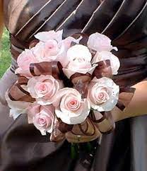 Ribbons And Rose Bridal Bouquet In Pink And Brown Brown Wedding Themes Brown Wedding Bridal Bouquet Pink