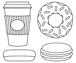 For boys and girls, kids and adults, teenagers and toddlers, preschoolers and older kids at school. Line Art Black And White Coffee And Donut Set Coloring Page For Adults And Kids Sweet Food Vector Illustration For Icon Sign Patch Certificate Badge Gift Card Label Poster Flayer Invitation Royalty