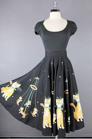 Vtg 50s Rare Black Playful Kitty Cats Novelty Full Swing Circle Dress Skirt Xs Vintage Fashion Circle Dress Fashion