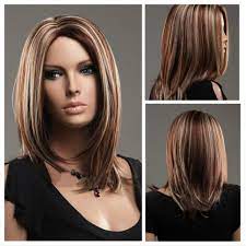 Nawomi 100 Kanekalon Hair Wig Highlights Color Synthetic Parted Middle Medium Long Straight Medium Length Brown Hair Medium Hair Styles Blonde Highlights