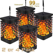 2 Or 4 Pack Solar Flame Lights Hanging Lantern Flickering Dancing Fairy Decorative Ip65 Waterproof 99 Led Outdoor Tabletop Lanterns Solar Powered Camping Lights Hook Tree Walkway Landscape Wish