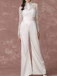 Jumpsuits Wedding Dresses Jewel Neck Floor Length Lace Long Sleeve Simple Modern Lace Wedding Dress With Sleeves Long Train Wedding Dress Sheath Wedding Dress Lace