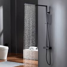 Exposed Thermostatic Shower System With Rain Shower Head And Hand Shower Matte Black In 2020 Shower Systems Shower Fittings Rain Shower Head