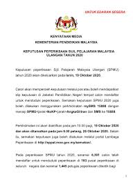 Ringkasan keputusan boleh disemak bermula dari jam 10:00 pagi pada tarikh keptusan juga boleh disemak melalui laman web lembaga peperiksaan di alamat sppat.moe.gov.my/semakan. Kpm On Twitter Kenyataan Media Keputusan Peperiksaan Sijil Pelajaran Malaysia Ulangan Tahun 2020 Https T Co Ng9fh0hiwe