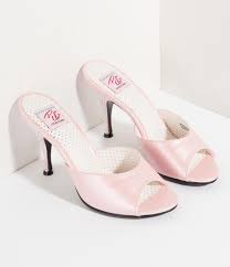 Retro Style Light Pink Leatherette Peep Toe Rhinestone Mule Heels Unique Vintage