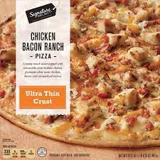 For a quick and tasty dinner, spread purchased pesto on the pizza crust, add strips of chicken and summer squash and bake. Signature Select Ultra Thin Crust Chicken Bacon Ranch Pizza 1source