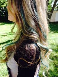 Long Blonde Wavy Hair With Blue Teal Green Mermaid Peekaboo Color Hair Blonde Wavy Hair Blonde Hair With Highlights