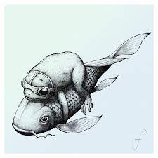 A Frog Riding A Fish Trying My Hand At Stippling Ink Digital Art Fish Illustration Ride Drawing Fish Character