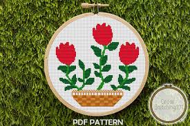 Aida 14, platinum 82w x 180h stitches size(s): Rose Flower Pot Modern Cross Stitch Grafik Von Crossstitching101 Creative Fabrica