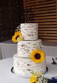 Birch Tree Wedding Cake With Sunflowers 3 Tier Birch Wood Rustic Sunflowers Westernwedding Sunflower Wedding Cake Sunflower Themed Wedding Sunflower Wedding