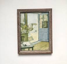 The Blue Door Little Framed Picture Raymond Wintz French Coastal Scene Vintage Interiors Midcentury Neutral Harbour Scene Wooden Vintage Interiors Blue Door Frame