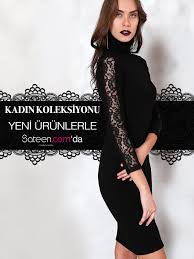 Siyah Kollari Dantelli Elbise Elbise Kadin Dantel