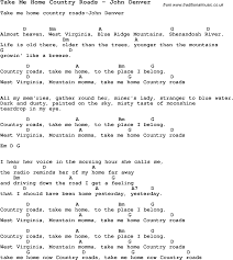 Song Take Me Home Country Roads By John Denver With Lyrics For Vocal Performance And A Guitar Chords And Lyrics Guitar Chords For Songs Song Lyrics And Chords