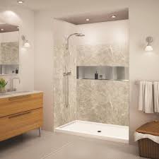 Which brand has the largest assortment of composite tub surrounds at the home depot? Transolid Expressions Dover Stone Panel Kit Shower Wall Surround 60 In X 32 In Lowes Com In 2021 Shower Wall Shower Wall Kits Corian Shower Walls