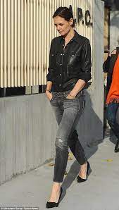 Katie Holmes Hits The Shops For New Clothes Leather Shirt Katie Holmes Style Faded Black Jeans