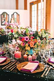 Black tablecloths on boho wedding tables. High Impact Wedding Decor Wedding Table Centerpieces Black Tablecloth Wedding Sequin Wedding Table