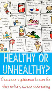 Review Healthy And Unhealthy Choices Behaviors With Early Elementary Primary School Students In A M Health Lesson Plans Elementary Counseling Guidance Lessons