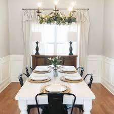 Diy Drop Cloth Curtains White Farmhouse Table Black Metal Chair Greenery In Chandelier By Dining Room Curtains White Farmhouse Table Farmhouse Dining Room