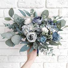 Something blue lilac & gold mauve & plum white & sage burgundy & navy white & beige. Dusty Blue Eucalyptus Bouquet Navy Blue Bridal Bouquet Etsy In 2021 Boho Wedding Bouquet Bridal Bouquet Blue Wedding Bouquets