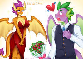 43672 - suggestive, artist:kaikururu, smolder (mlp), spike (mlp), dragon,  fictional species, western dragon, anthro, friendship is magic, hasbro, my  little pony, 2020, age difference, big breasts, blue eyes, blushing,  breasts, cleavage, clothes,