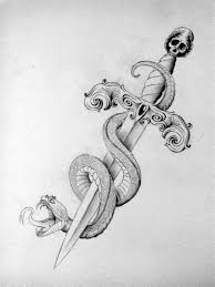 Black And White Snake Tattoo Drawing Grey Ink Snake With Dagger Tattoo Design Dagger Tattoo Snake Tattoo Snake Tattoo Design