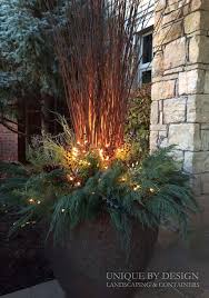 You don't have to start from scratch to create a gorgeous winter design. Outdoor Winter Holiday Container Green Boughs Twinkle Lights We Decided To Go With Different Pla Winter Planter Winter Container Gardening Colorful Planters