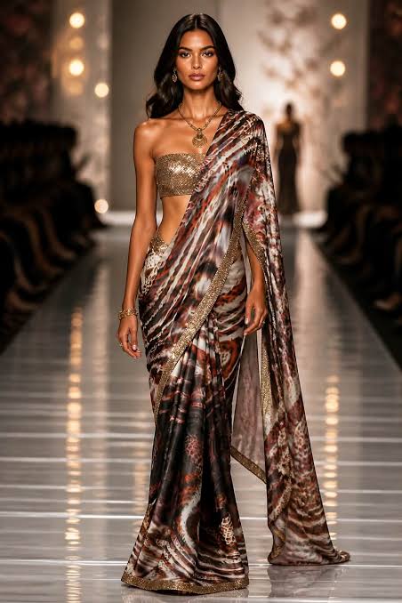 Animal print saree with gold blouse at Dara Wear