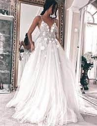 Spaghetti Straps White Tulle Long Wedding Dresses With Appliques Beadi Berlinnova Weddingdr Backless Wedding Dress White Tulle Wedding Dress Wedding Dresses
