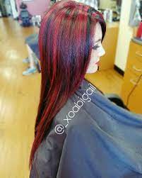 Chunky Red Highlights On Long Black Hair Scene Hair Black Red Hair Long Black Hair Hair