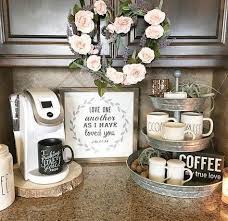 This Coffee Bar Idea For The Kitchen Counter Is So Pretty With The Floral Wreath Hung Above On The Cupboard H Coffee Bar Home Diy Coffee Station Diy Coffee Bar