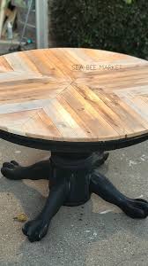 Herringbone Round Table Top Upcycle Sea Bee Market In 2020 Round Farmhouse Table Painted Kitchen Tables Rustic Round Table