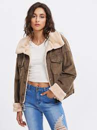 Fleece Inside Drop Shoulder Corduroy Jacket Short Faux Fur Jacket Corduroy Jacket Faux Fur Jacket