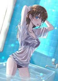 blue eyes, brunette, in bathtub, Kubota Mifuyu, anime, 2D, anime girls,  underwear, see-through clothing, wet, T-shirt | 1200x1676 Wallpaper -  wallhaven.cc