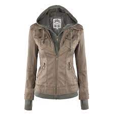 Made By Johnny Mbj Wjc664 Womens Faux Leather Jacket With Hoodie L Khaki Walmart Com Faux Leather Jacket Women Jackets For Women Jackets