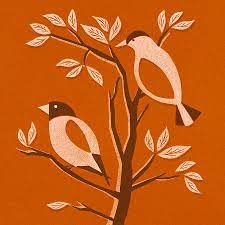 Vintage sweden handblown art glass 7 mini birds & display dome 1980s mid century. Burnt Orange Mid Century Birds On Branches Painting By Little Bunny Sunshine