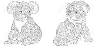 Patterns and abstract shapes can help your mind relax through the act of coloring. Coloring Pages Koala Bear And Tiger In Hipster Clothes Line Art Design For Adult Colouring Book With Doodle And Elements Vector Illustration Royalty Free Cliparts Vectors And Stock Illustration Image 150142495
